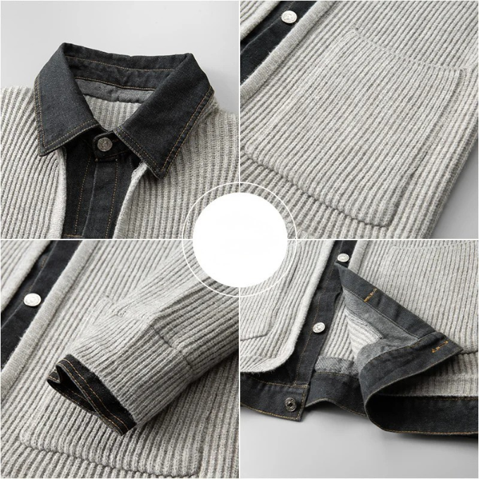 Full shot of a men's hybrid sweater, highlighting its ribbed knit and fashionable denim elements.
