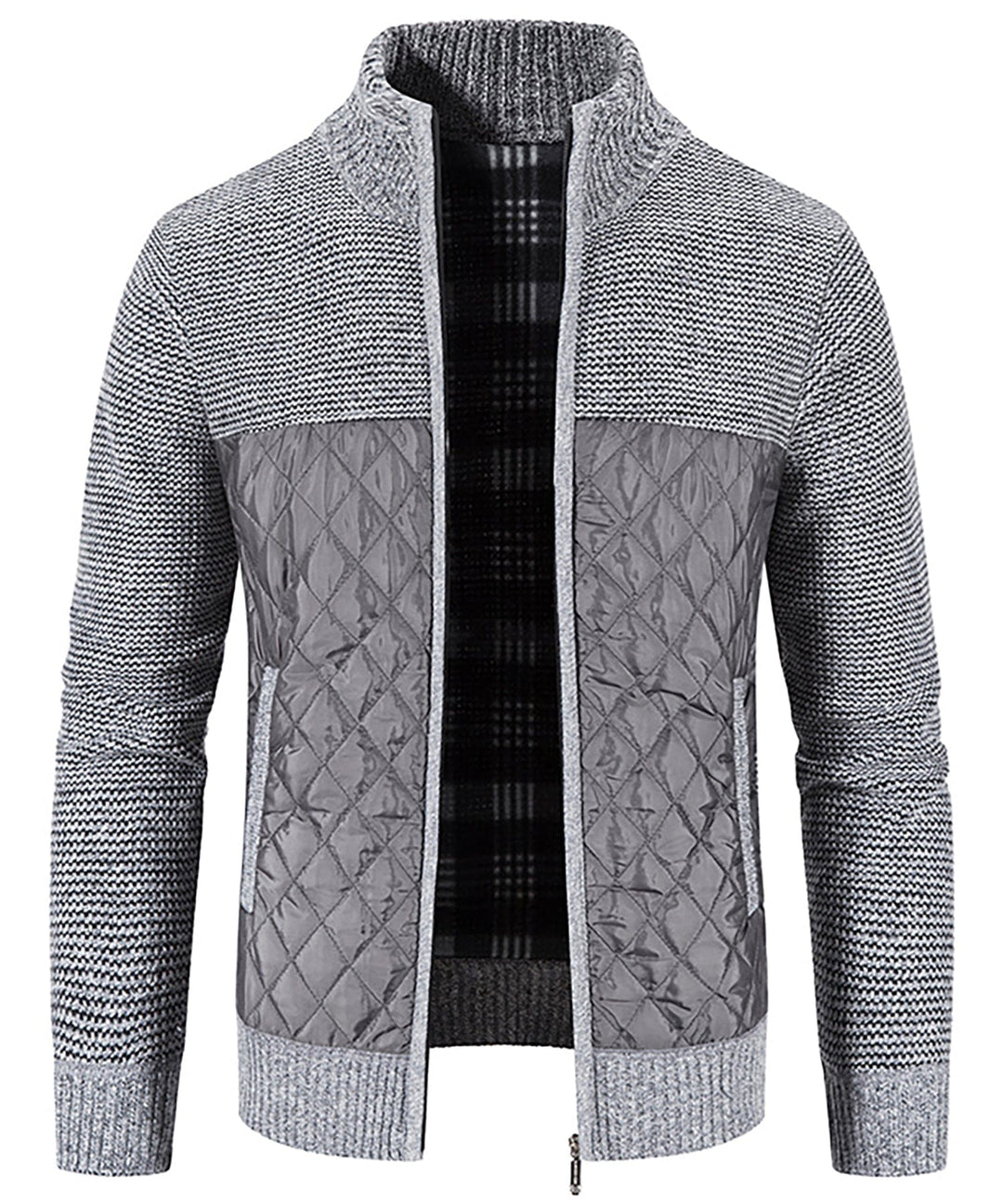 Lifestyle image of a Men's Hybrid Quilted Sweater Jacket being worn outdoors, perfect for fall fashion