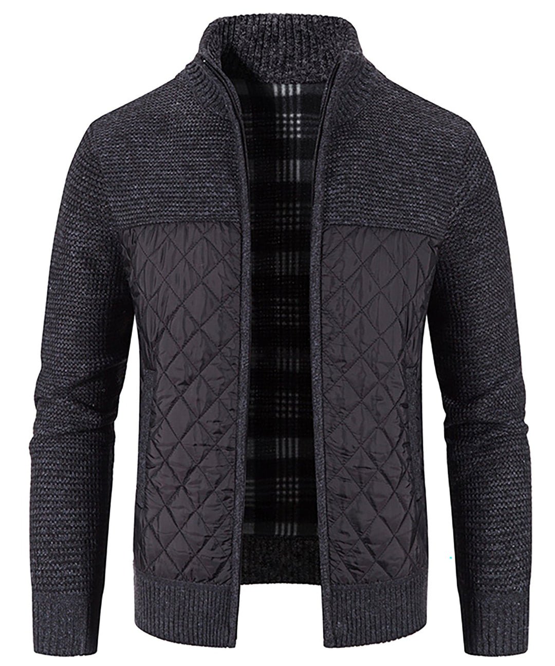 Side view of Men's Hybrid Quilted Sweater Jacket, showcasing the blend of knit and insulated jacket styling