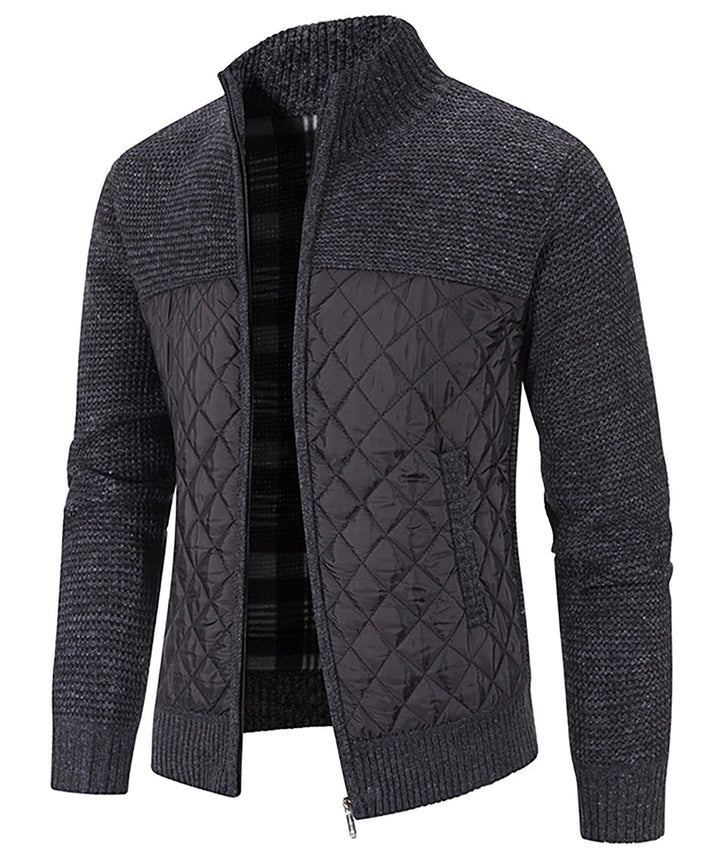 Back view of a Men's Hybrid Quilted Sweater Jacket, emphasizing the knit sweater detailing and comfortable fit