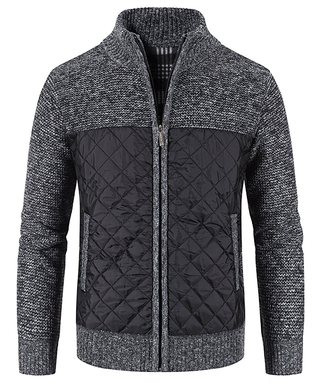 Detail shot of the zipper on a Men's Hybrid Quilted Sweater Jacket, a durable and practical design element