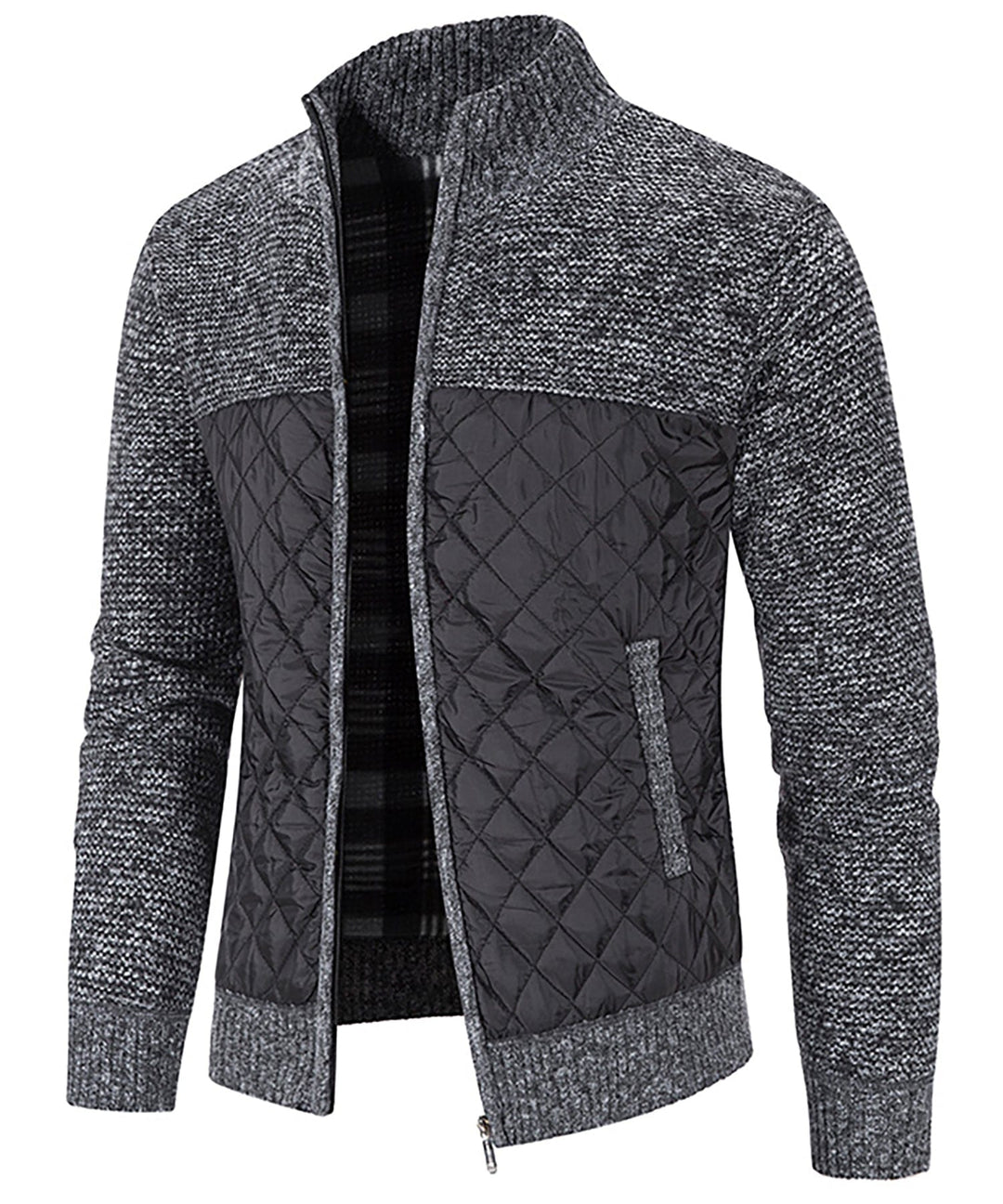 Men's Hybrid Quilted Sweater Jacket with a standing collar, offering extra warmth for cold weather