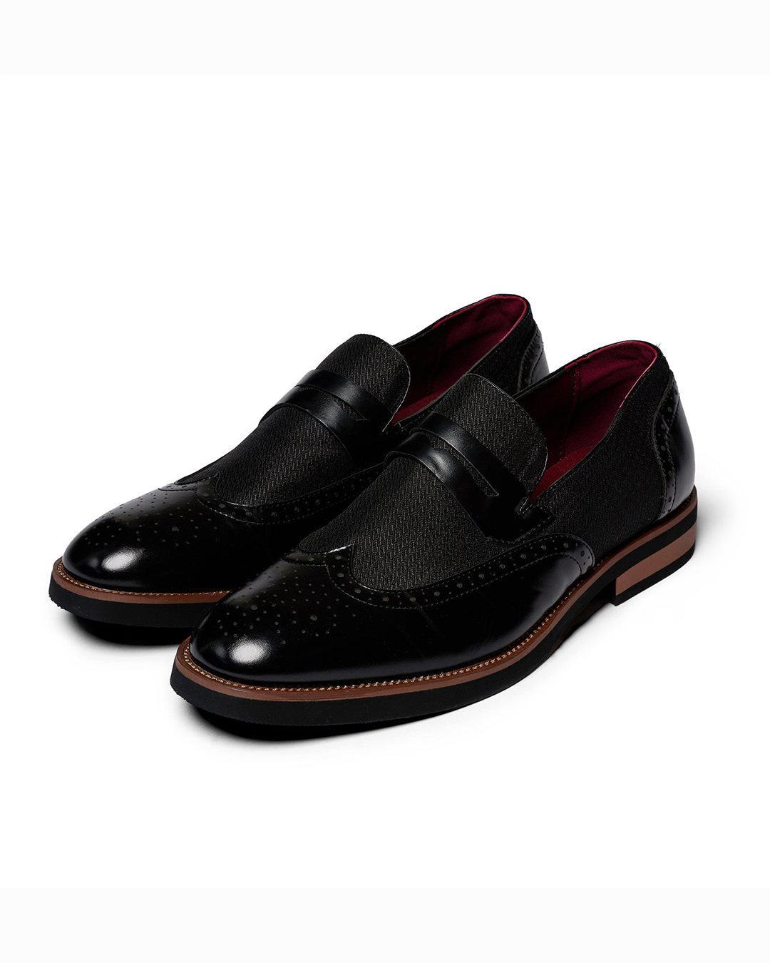 Men's hybrid wingtip loafers, black leather, classic slip-on style for casual or formal wear