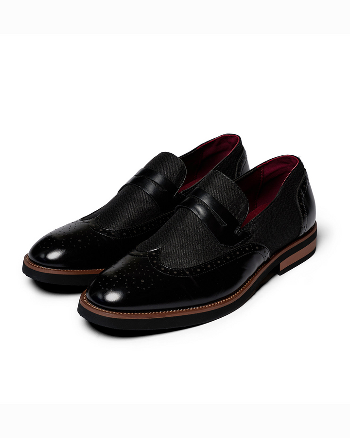 Men's hybrid wingtip loafers, black leather, classic slip-on style for casual or formal wear