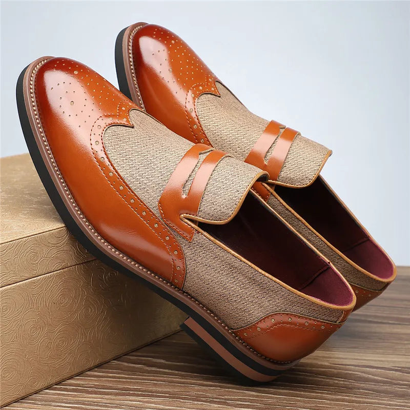 Men's hybrid wingtip loafers in a distressed leather finish, adding a unique touch to formal shoes