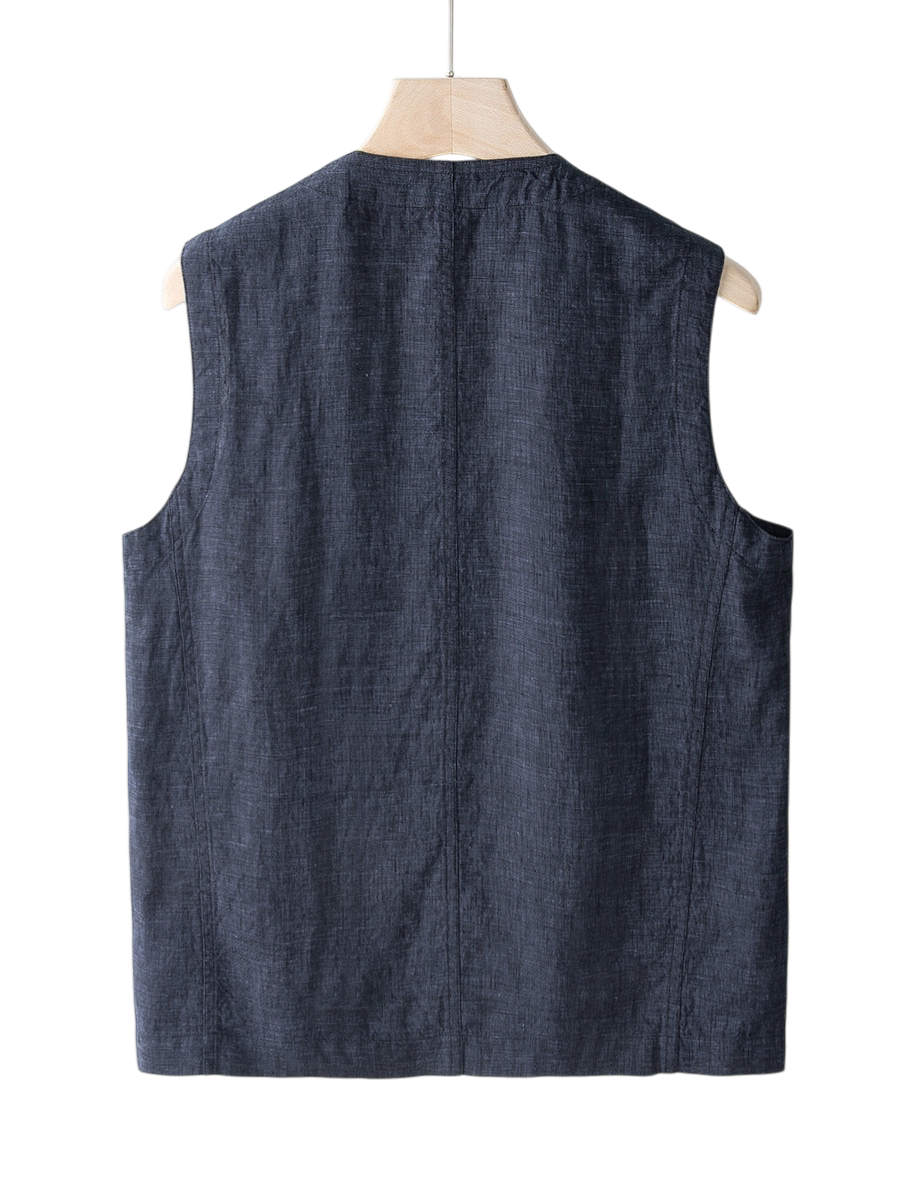 Lightweight men's indigo linen vest, breathable & comfortable for warm weather style.