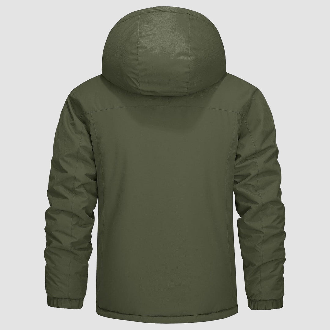 Packed men's insulated hiking jacket, showing its lightweight and water-resistant design.
