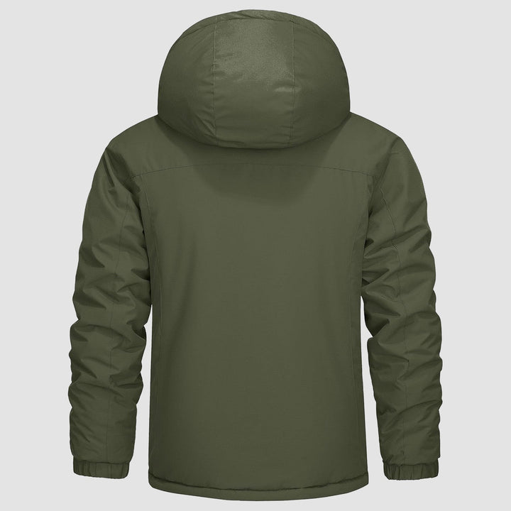 Packed men's insulated hiking jacket, showing its lightweight and water-resistant design.