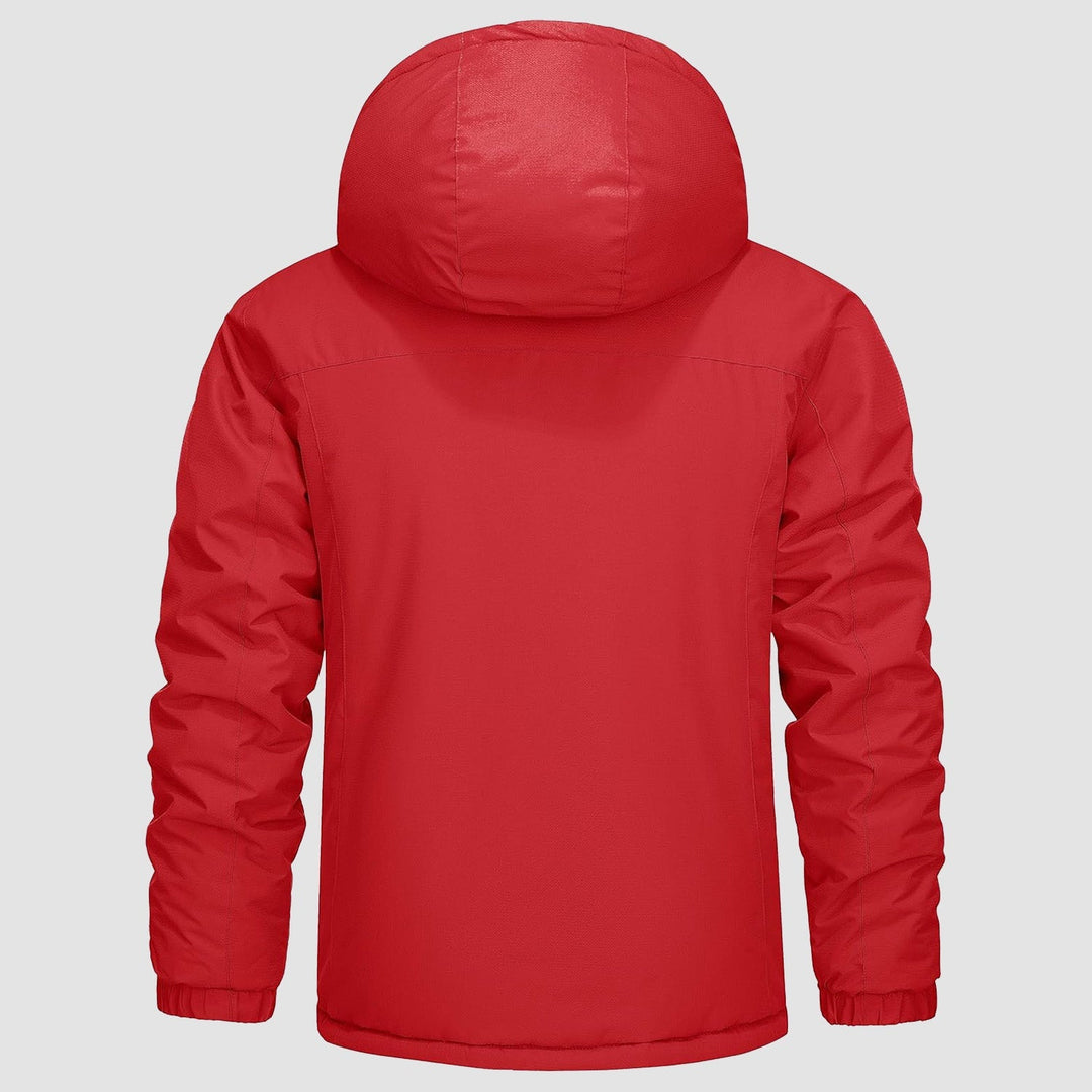 Men's insulated winter coat laid flat, highlighting its water-resistant and technical features.