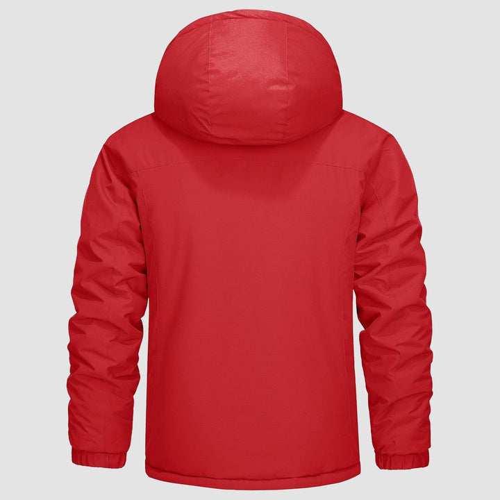 Men's insulated winter coat laid flat, highlighting its water-resistant and technical features.