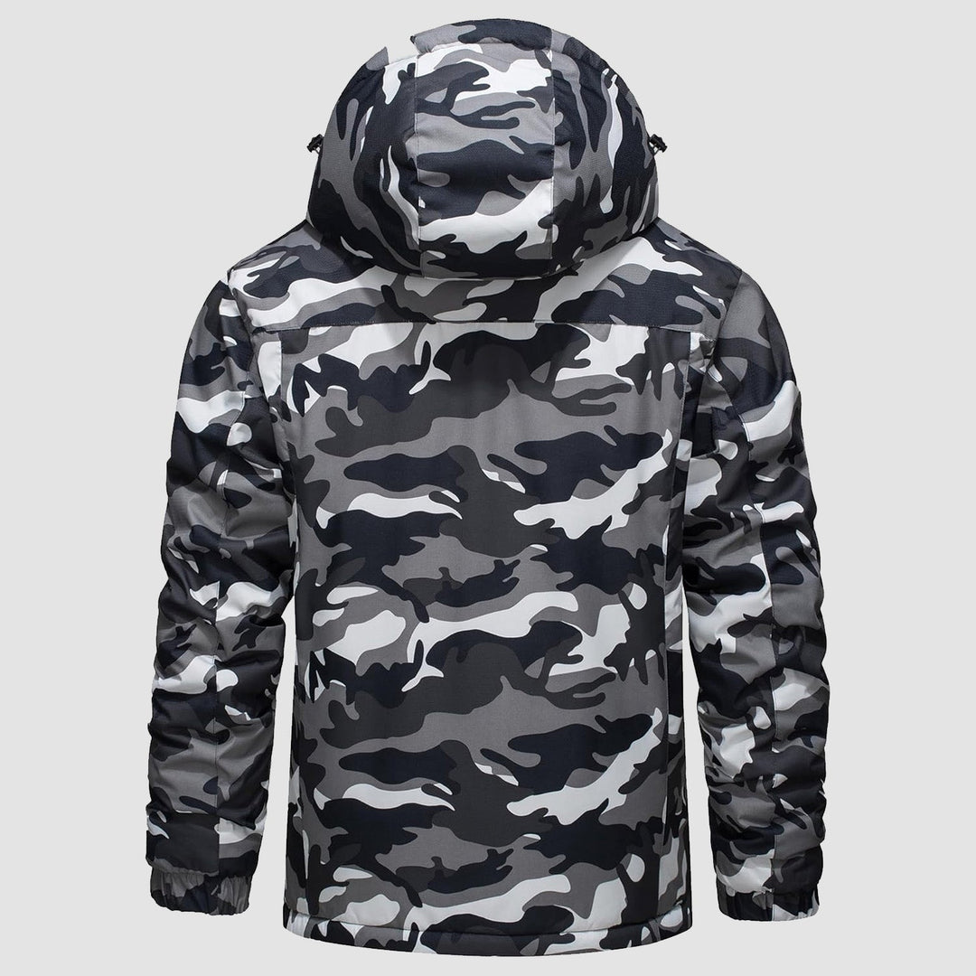 A men's water-resistant insulated alpine jacket with subtle branding, great for outdoor wear.