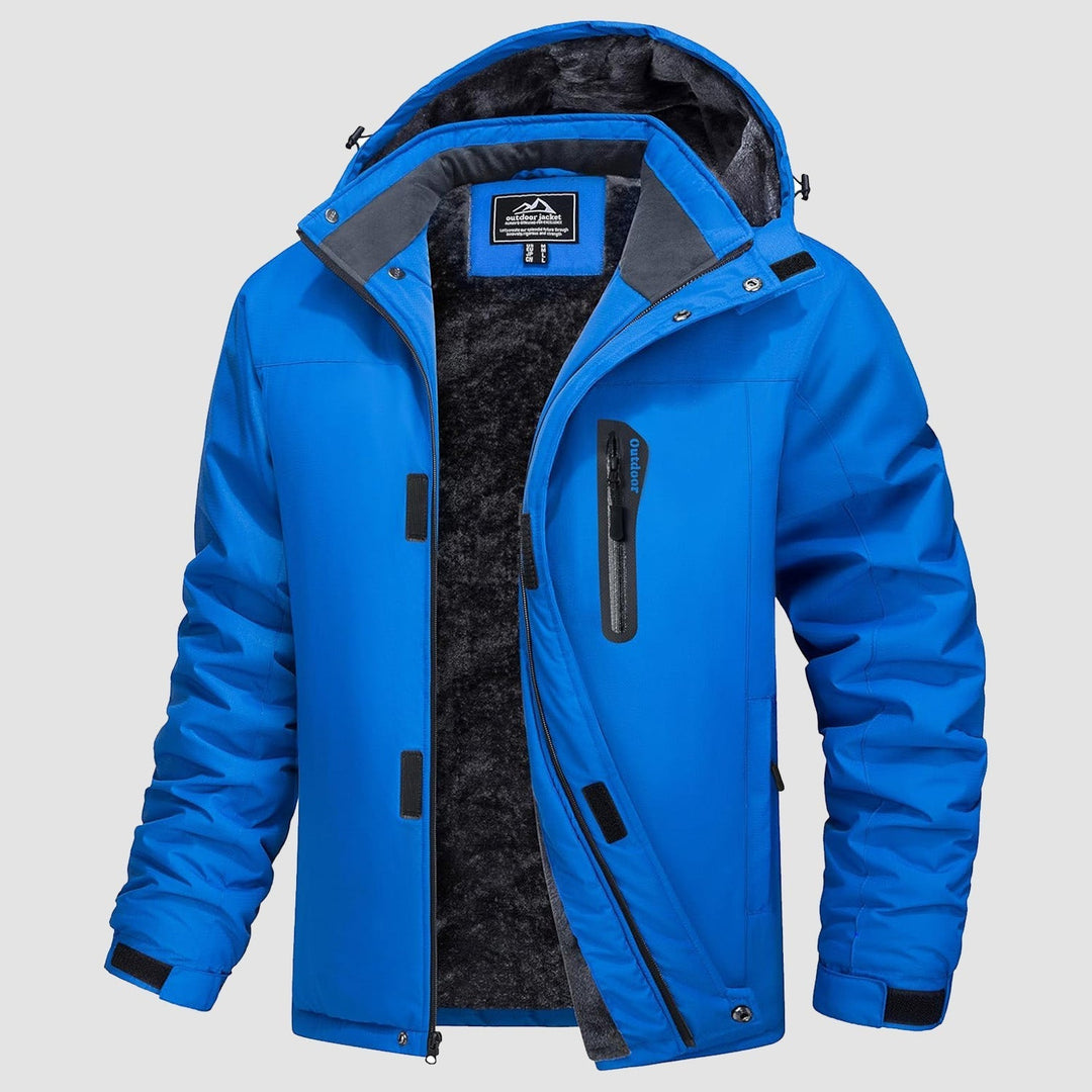 Front view of a sleek black men's insulated winter coat, water-resistant and fleece-lined.