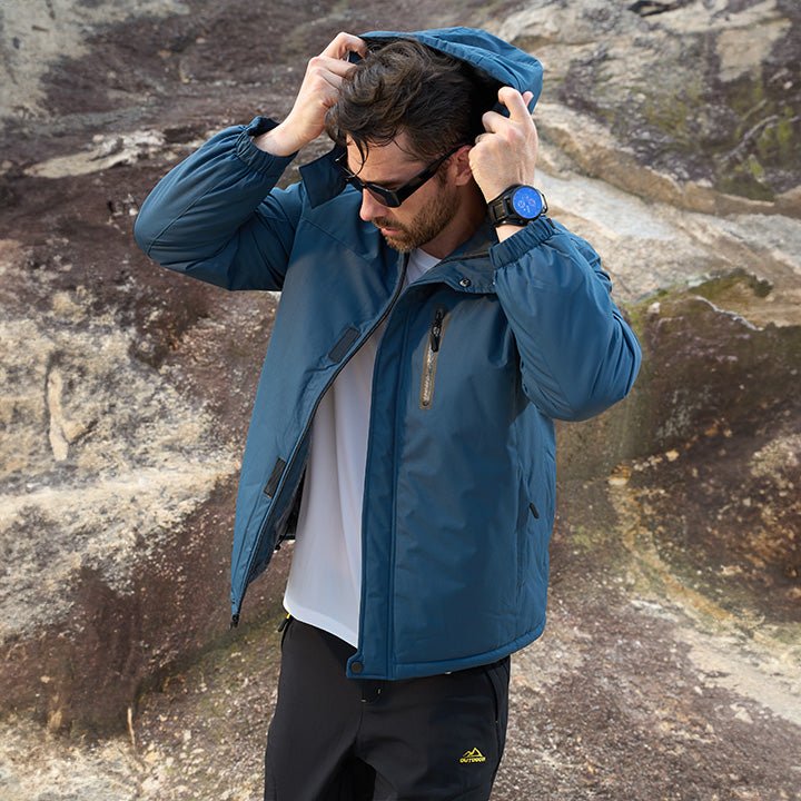 High-angle shot of a men's insulated winter jacket, providing warmth and water resistance.