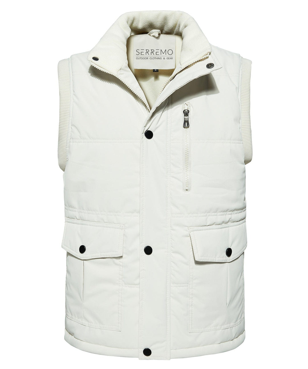Close-up of men's white insulated vest, showing fleece lining and texture