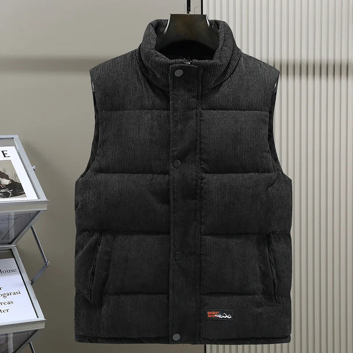 Close-up of a men's winter fashion insulated vest, showing durable fabric and warmth