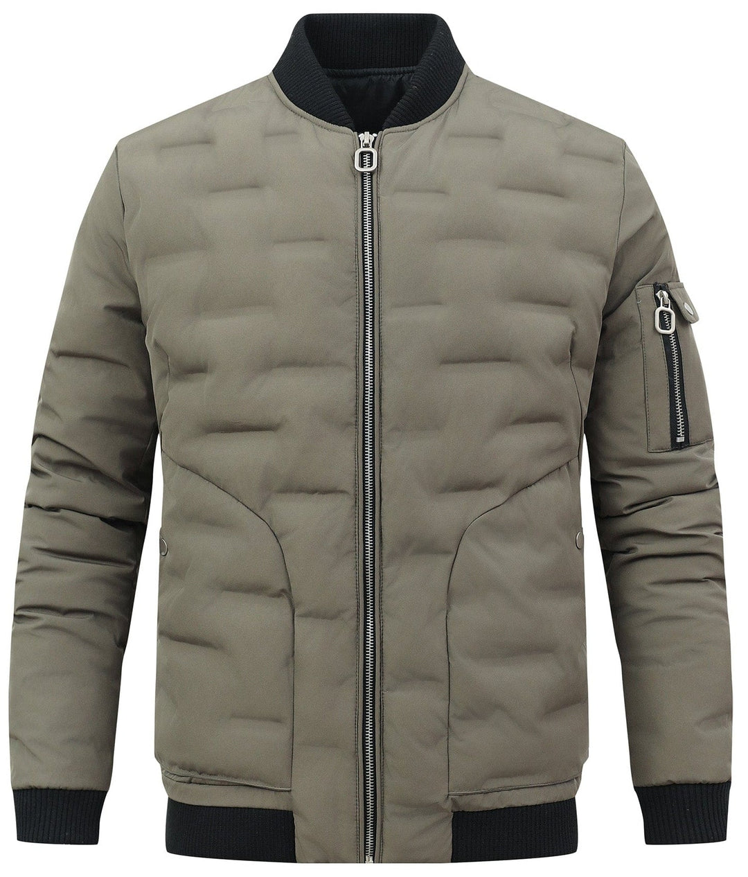 Men's insulated puffer bomber jacket in army green, front view. Perfect for winter streetwear.
