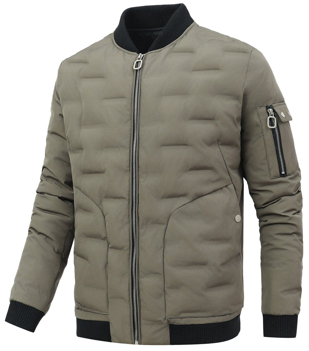 Casual men's army green puffer bomber jacket, warm and stylish winter outerwear for men.