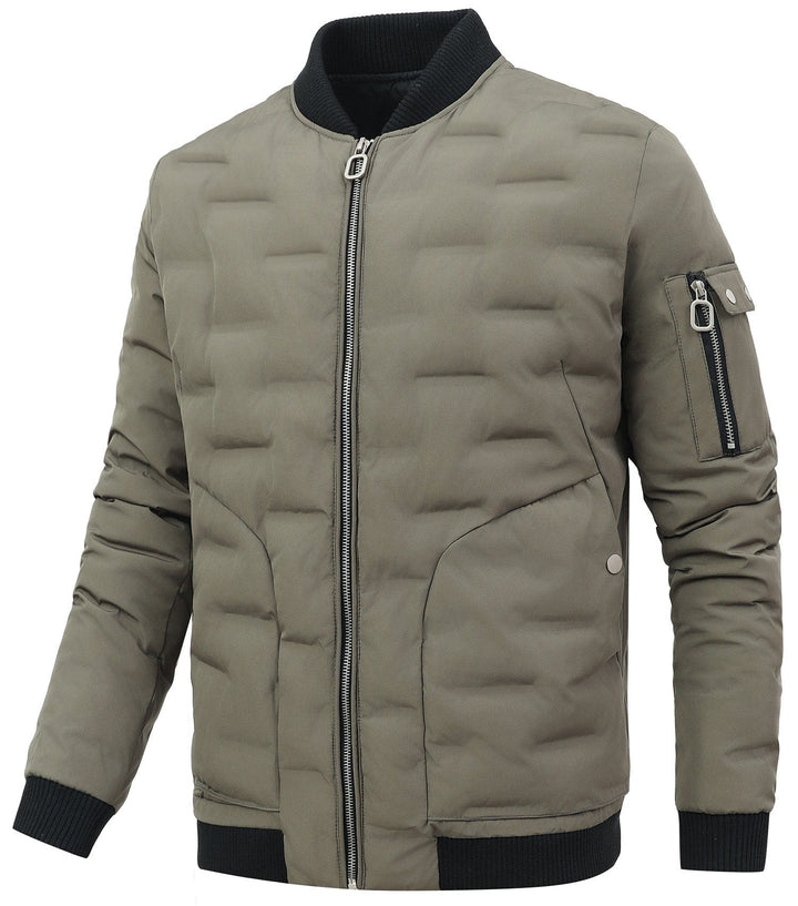 Casual men's army green puffer bomber jacket, warm and stylish winter outerwear for men.