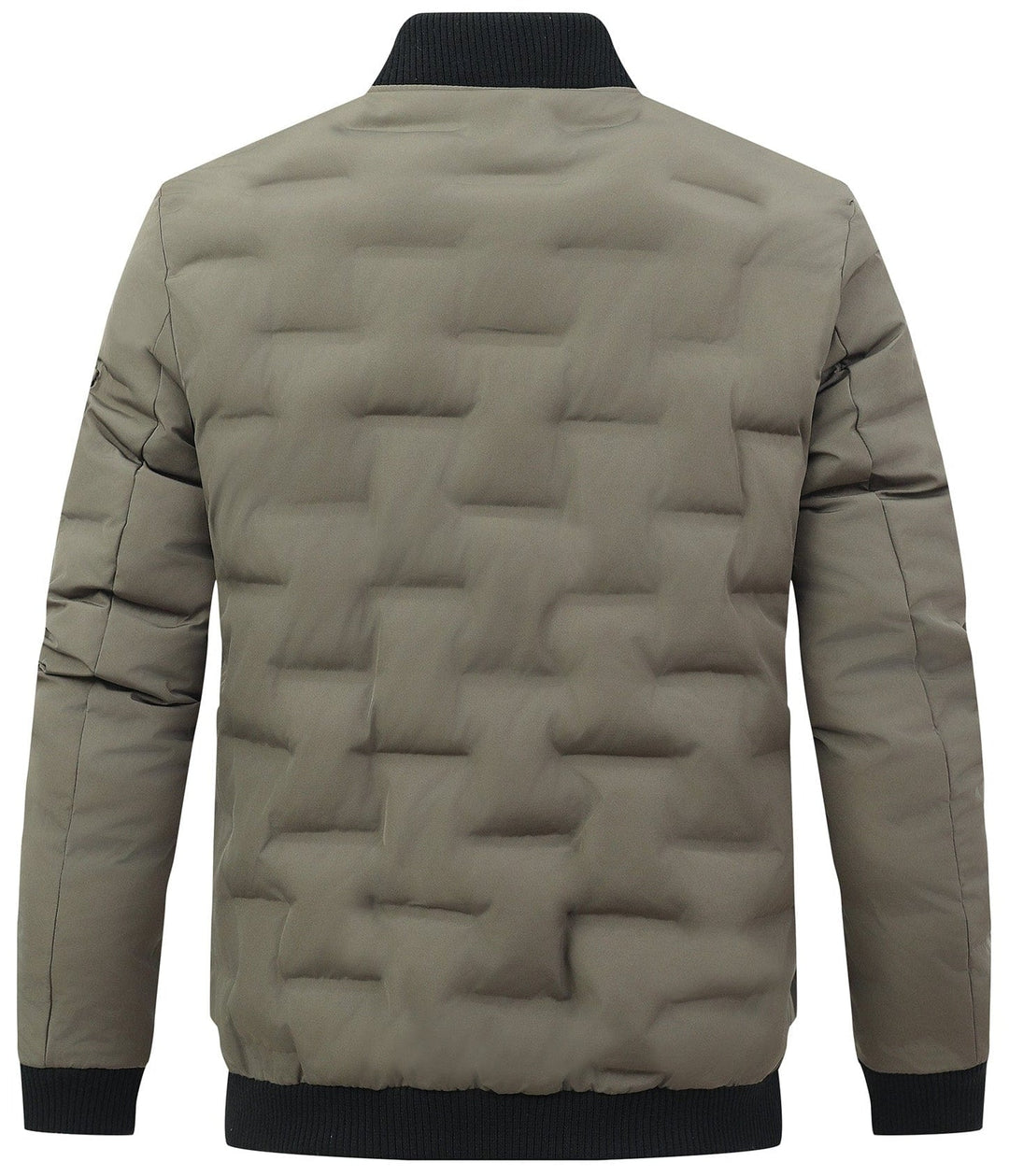 Man wearing an army green puffer bomber jacket, showcasing its modern men's fashion style.