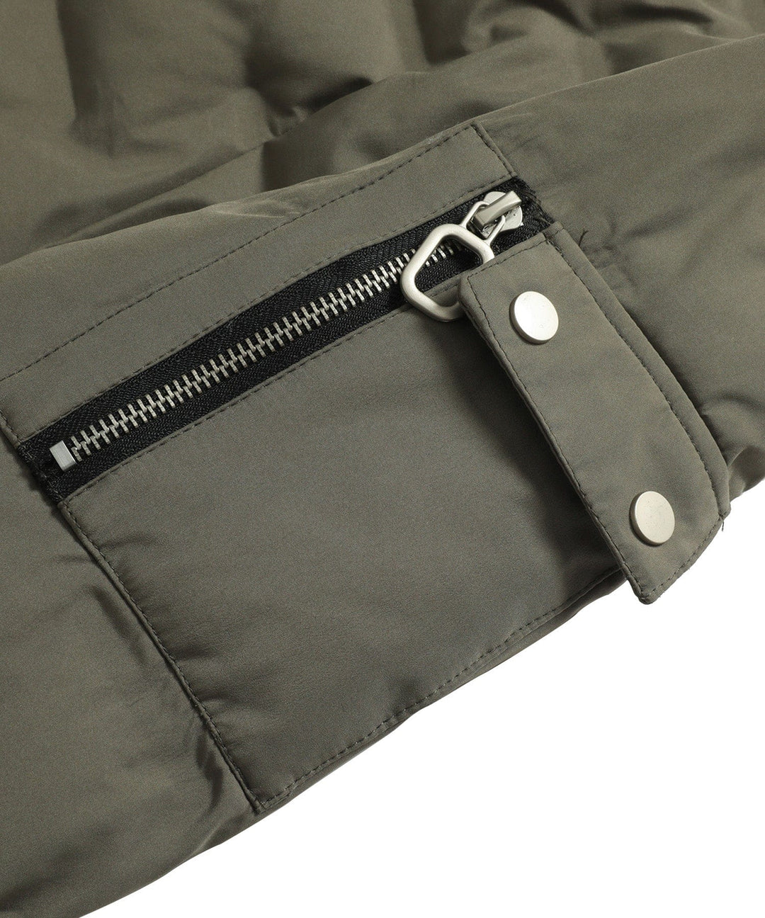 Men's casual winter coat: an army green insulated puffer bomber jacket, front zipper detail.