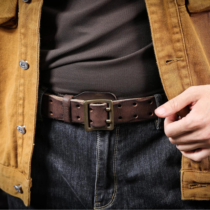 Close-up of the distressed edge of a men's Italian leather belt, highlighting its rugged appeal.