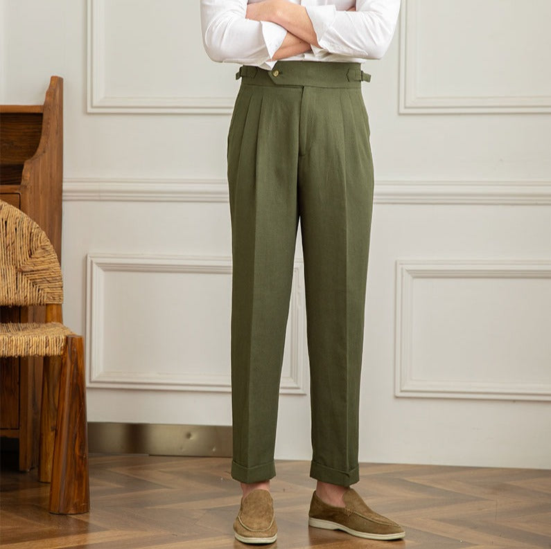 Premium men's high-waisted pleated trousers, a blend of Italian style & tailored comfort.