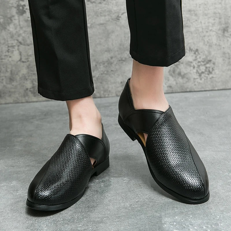 Classic men's blue woven leather loafers, slip-on shoes suitable for smart casual and formal attire