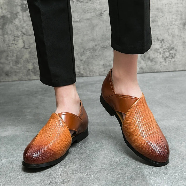 Stylish men's black woven leather loafers, comfortable slip-on shoes for office and events