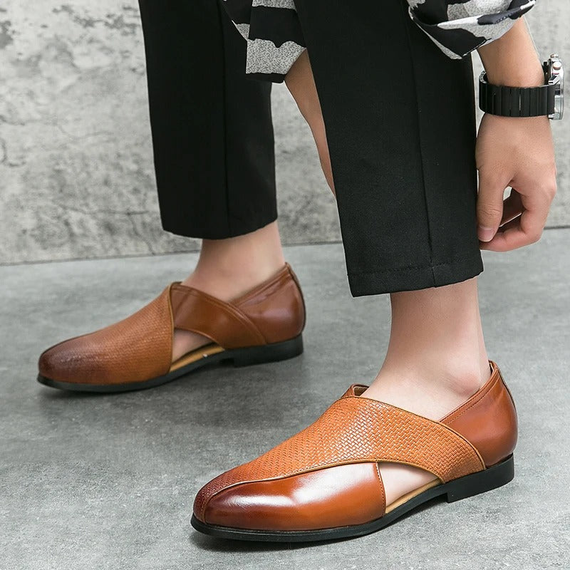 Elegant men's brown Italian style woven leather loafers, perfect dress shoes for special occasions