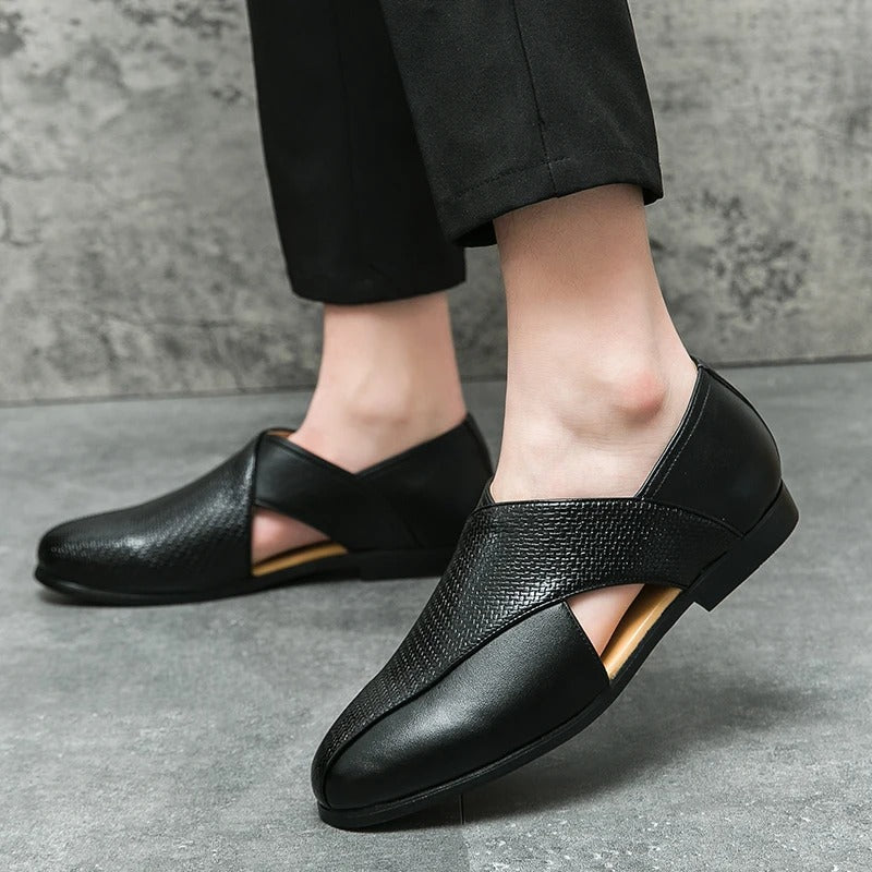 Men's sophisticated woven leather dress shoes, offering a blend of comfort and formal elegance