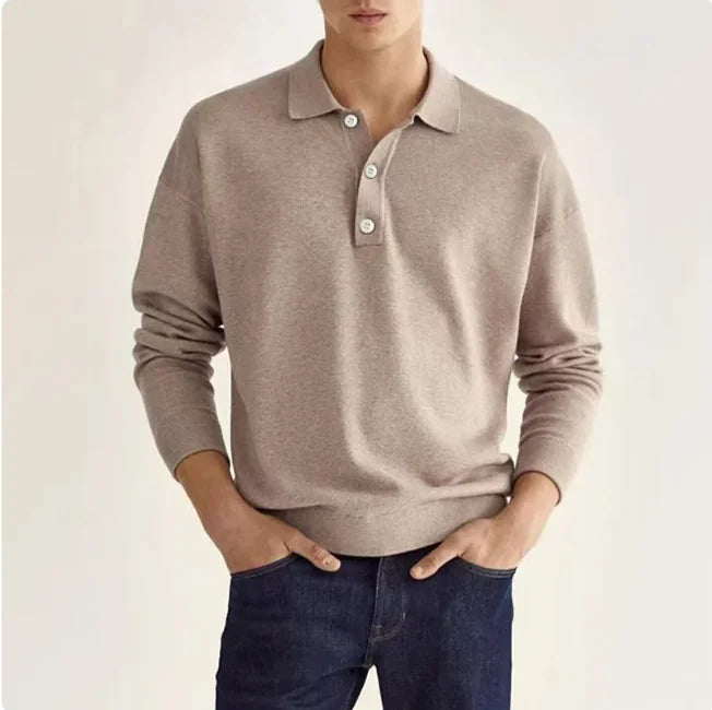 Men's khaki collared knit sweater, long sleeve, for casual wear and sophisticated style.