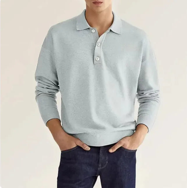 Gray men's collared knit sweater, breathable fabric, ideal for casual and smart-casual outfits.