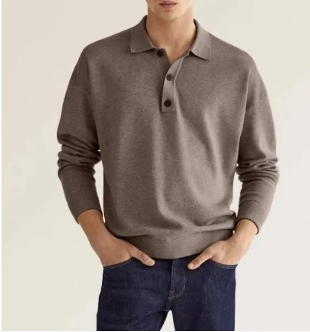 Navy blue collared knit sweater for men, long sleeve, perfect for a versatile, clean look.