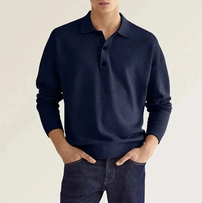 Sophisticated men's collared knit sweater, long sleeve, available in khaki, gray, and navy.