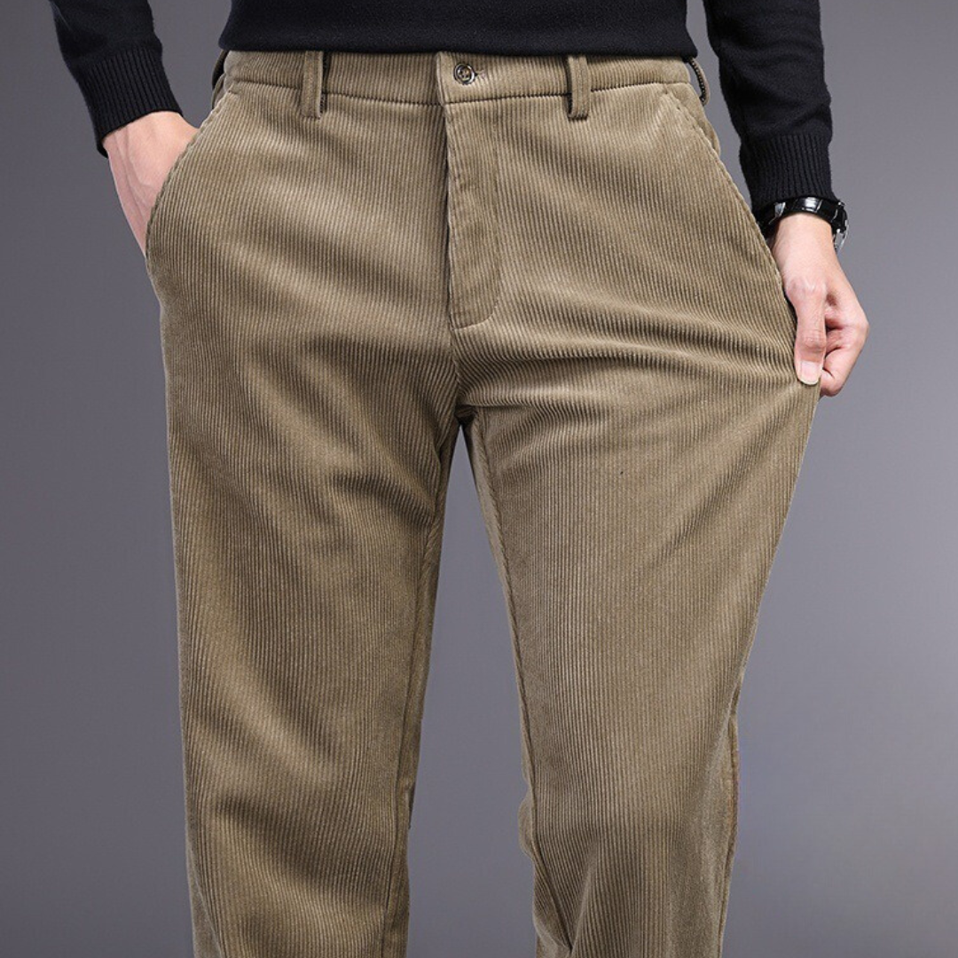 Men's khaki corduroy stretch comfort trousers, front view, perfect for formal wear and men's fashion.