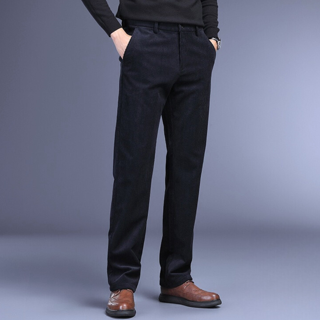 Black corduroy men's pants, back view, highlighting the soft texture and stretch comfort.