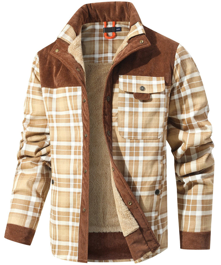 Front view of men's khaki Explorer jacket, a durable cotton blend for outdoor exploration and everyday style