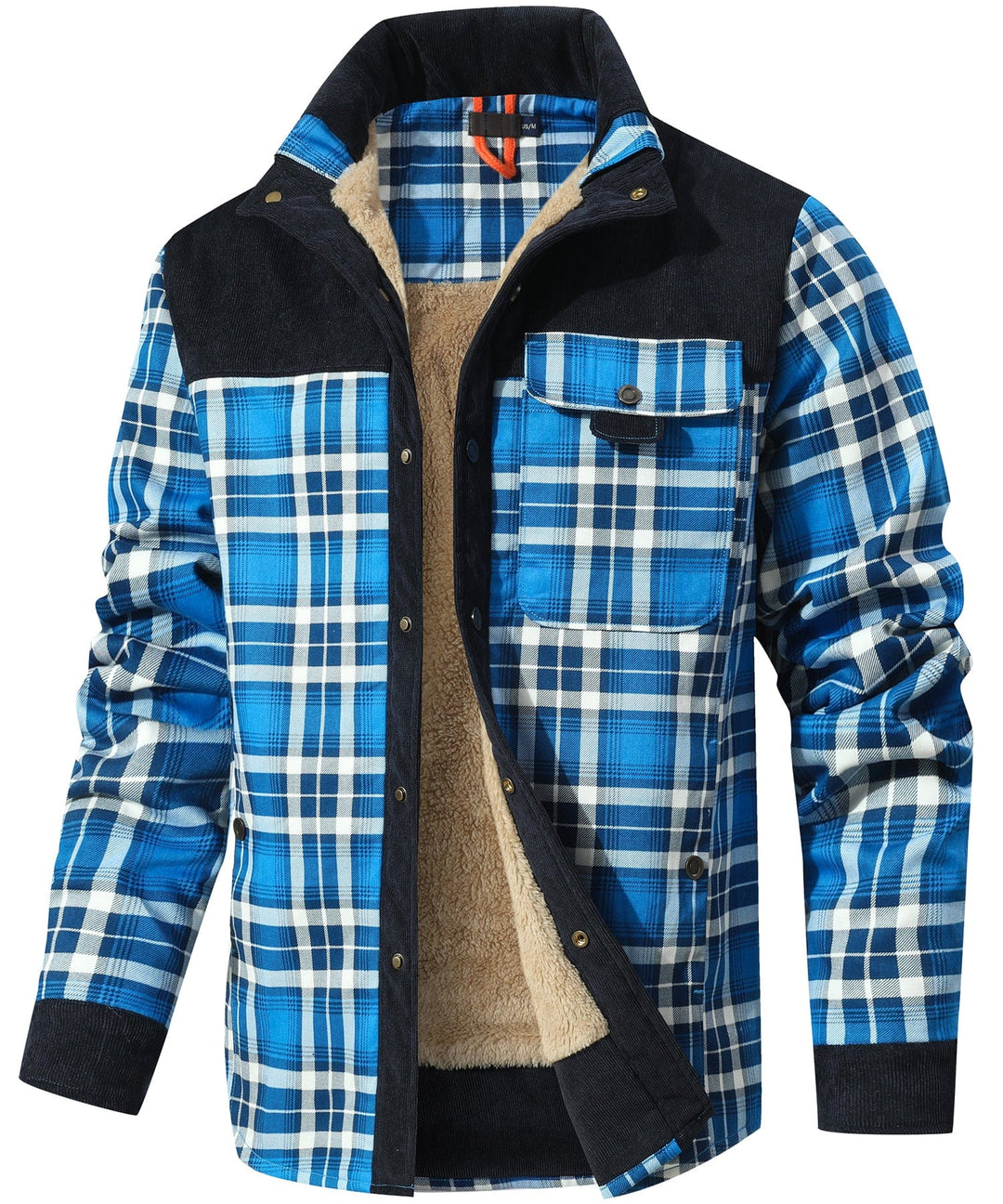 Close-up of men's light blue Explorer jacket texture, showcasing the comfy flannel and robust cotton blend fabric