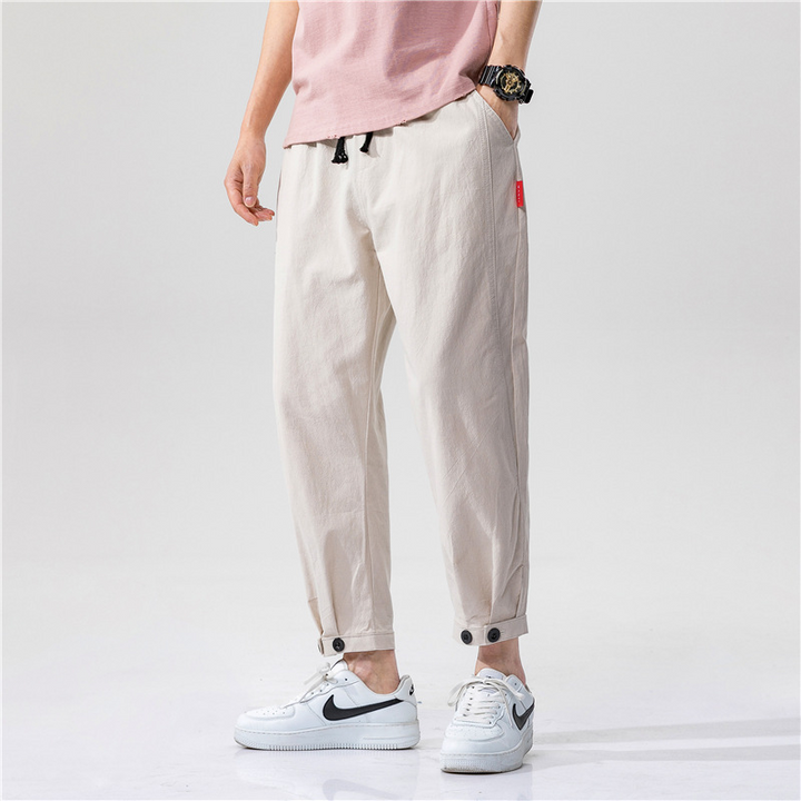 Men's khaki linen blend tapered cropped trousers for casual summer wear, front view