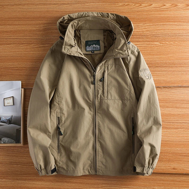 Men's khaki outdoor hiking jacket with hood, full zip, for fall weather