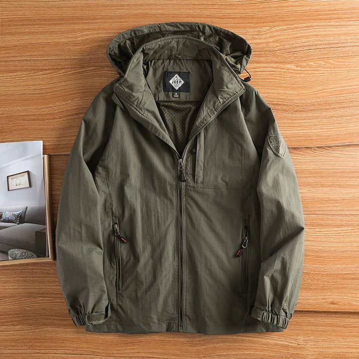 Stylish men's hooded hiking jacket in khaki, weather resistant for outdoor adventures