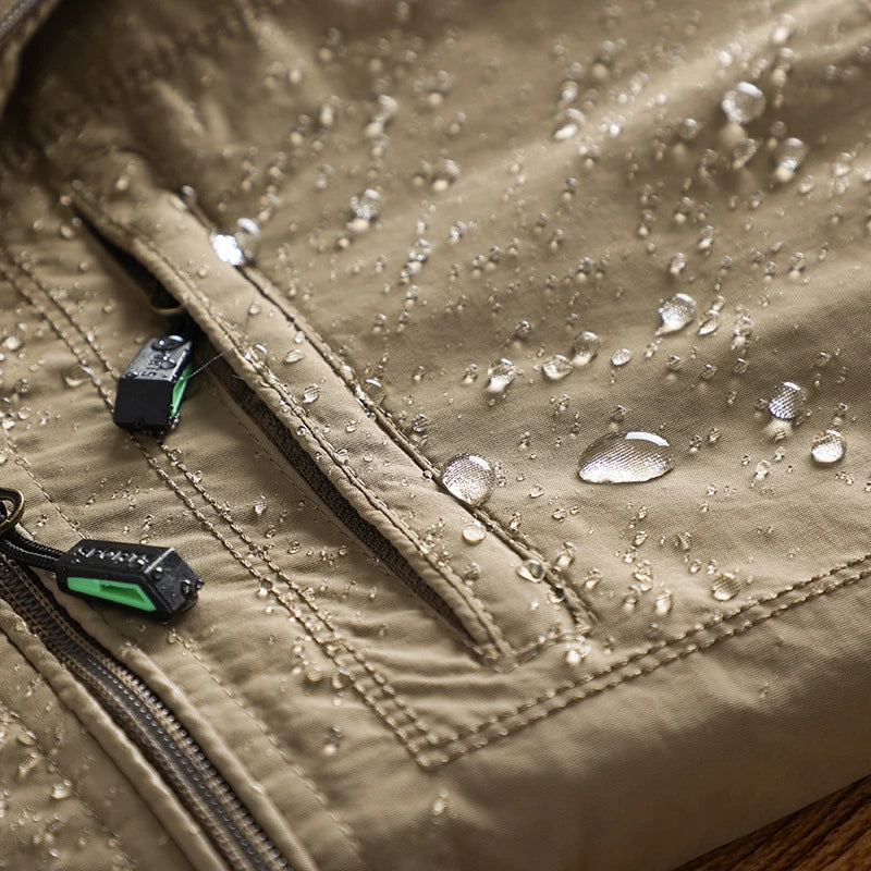 Khaki men's weather-resistant jacket with hood, ideal for hiking and casual wear