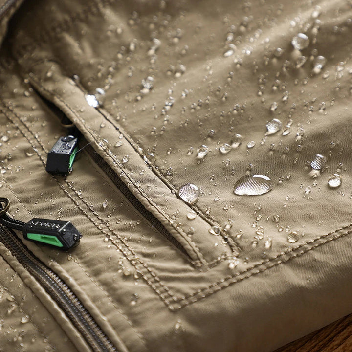 Khaki men's weather-resistant jacket with hood, ideal for hiking and casual wear