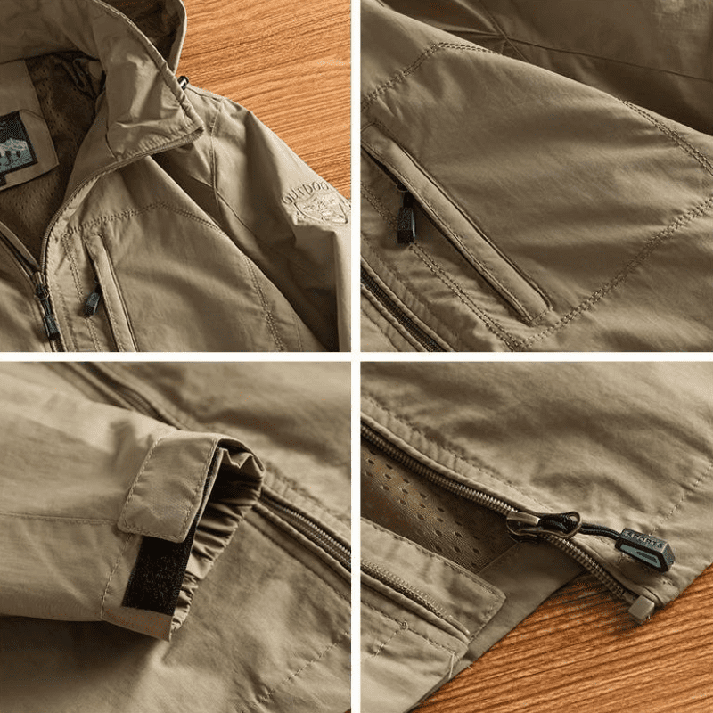 Durable men's outdoor jacket, full zip with hood, in khaki, suitable for fall hiking