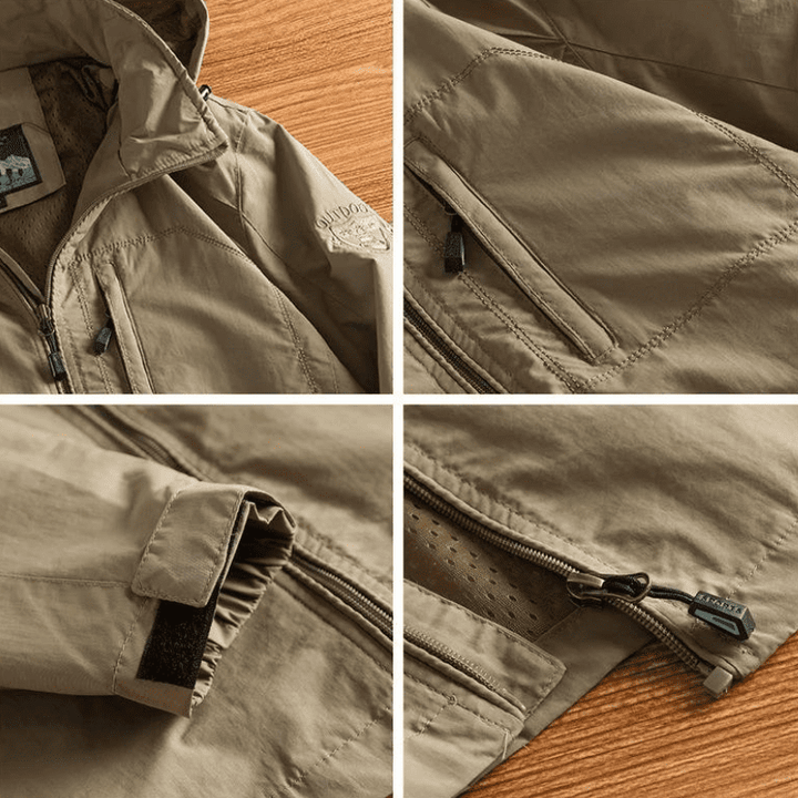 Durable men's outdoor jacket, full zip with hood, in khaki, suitable for fall hiking