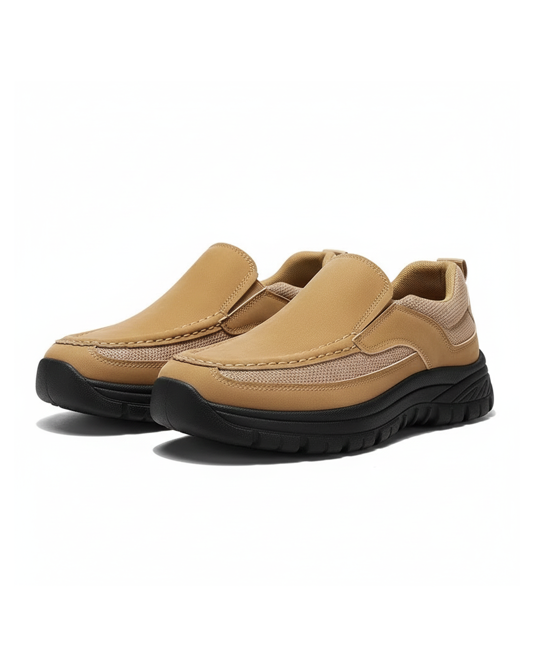 Men's khaki suede slip-on comfort shoes with mesh accents for everyday wear