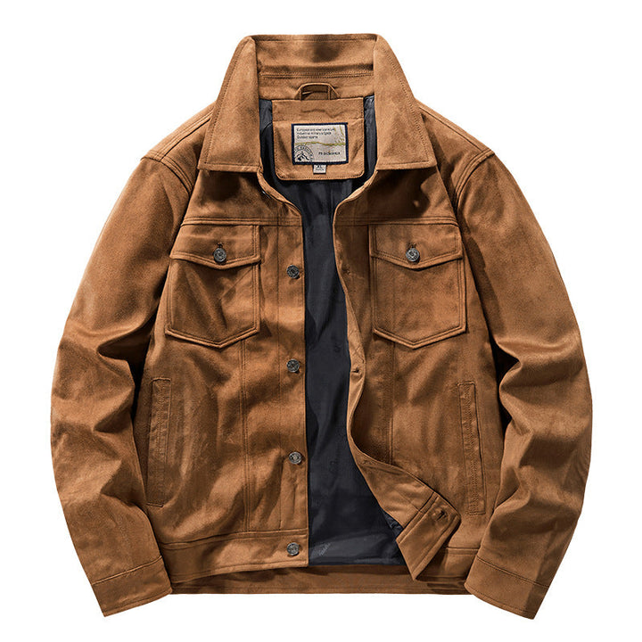 Men's khaki suede-texture snap button jacket, perfect for fall casual outerwear.