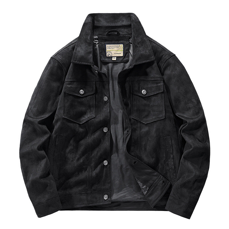 Stylish black men's suede-texture jacket with snap buttons, a versatile outerwear choice.