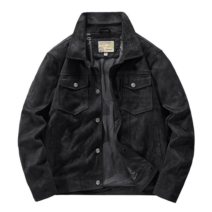 Stylish black men's suede-texture jacket with snap buttons, a versatile outerwear choice.