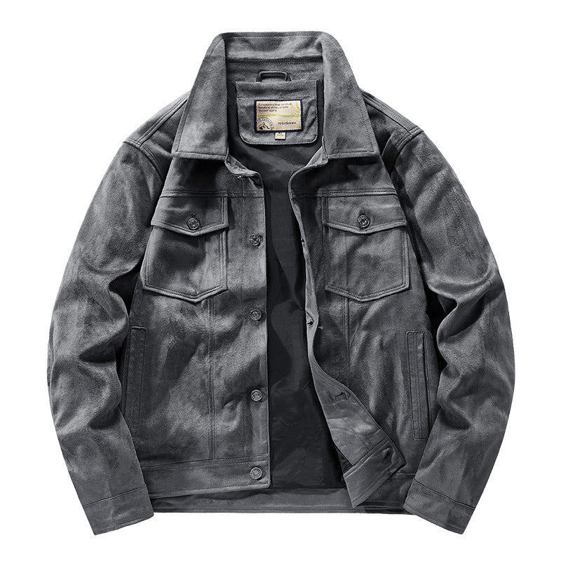 Gray suede-texture snap button jacket for men, ideal for sophisticated casual fall fashion.